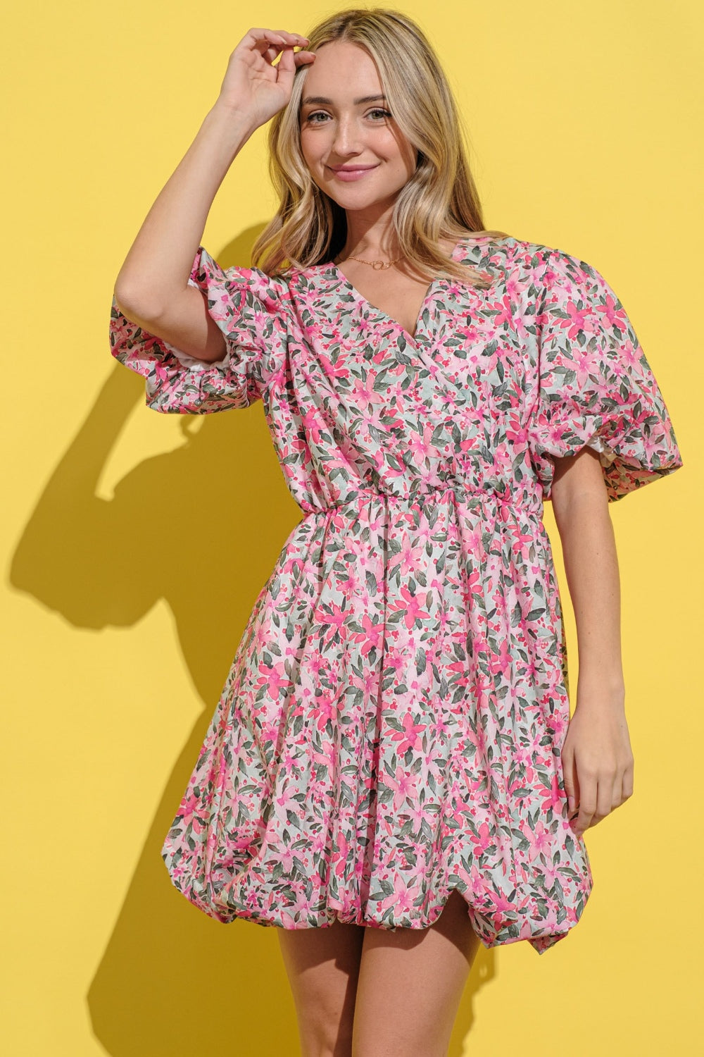 And The Why Full Size Floral Surplice Puff Sleeve Dress - Fashiofinesse