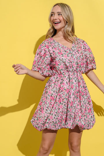 And The Why Full Size Floral Surplice Puff Sleeve Dress - Fashiofinesse