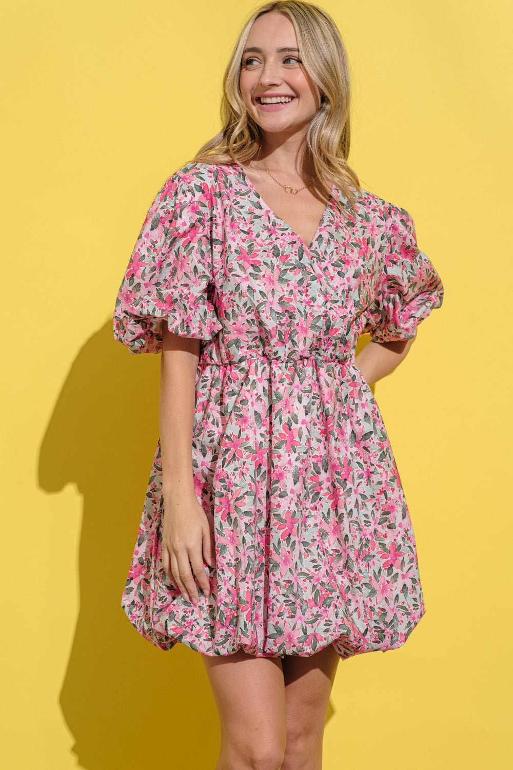 And The Why Full Size Floral Surplice Puff Sleeve Dress - Fashiofinesse